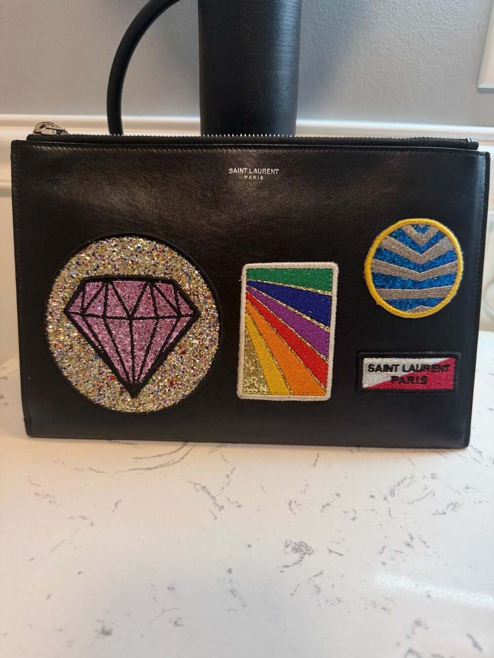 Saint Laurent Paris Black Leather Patchwork Pouch